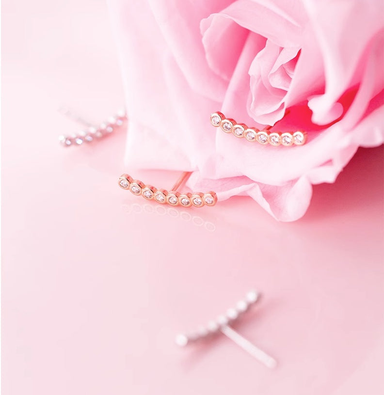 S925 Silver Rhinestone Straight Ear Studs | Silver and Rose Gold
