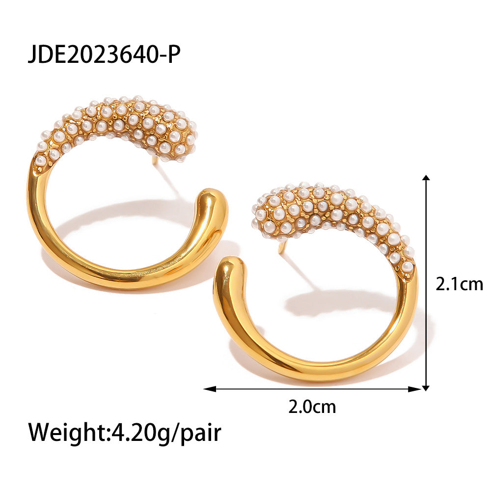 Gold Pearl Diamond Stud Earrings | Stainless Steel INS Style