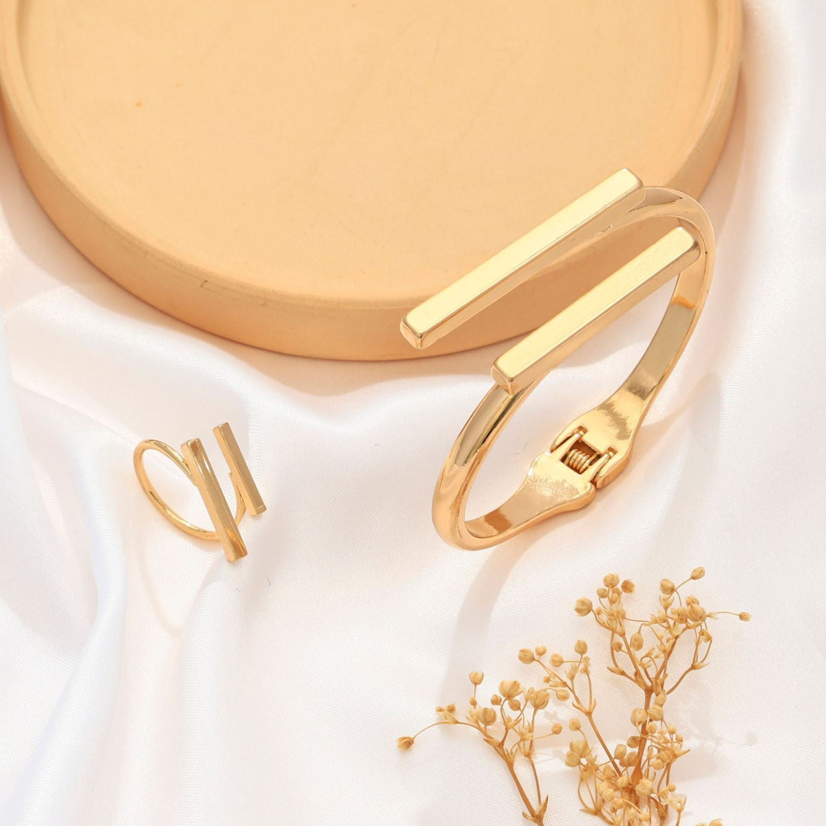 Geometric Square Opening Bracelet and Ring Set