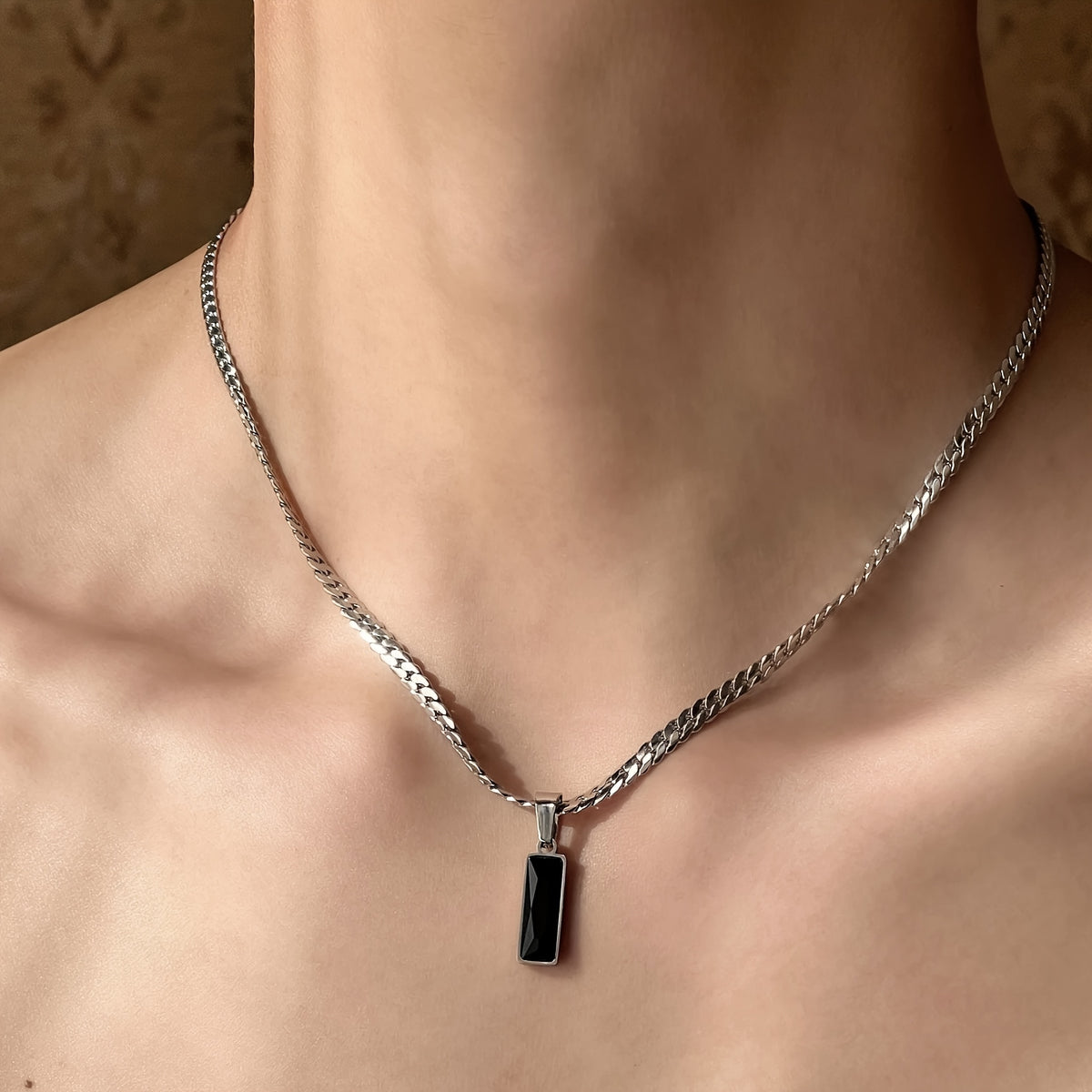 Men's Flat Chain Black Pendant Necklace
