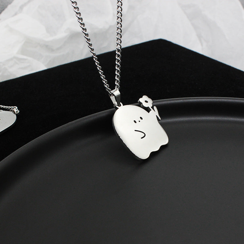 Cute Ghost and Cat Pendant Necklace in Stainless Steel
