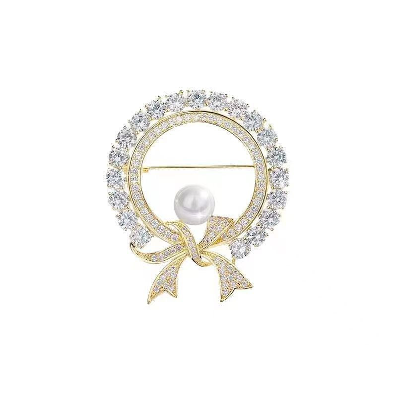 Rhinestone Bow Pearl Brooch | Alloy Korean Gold Silver Dual-Use