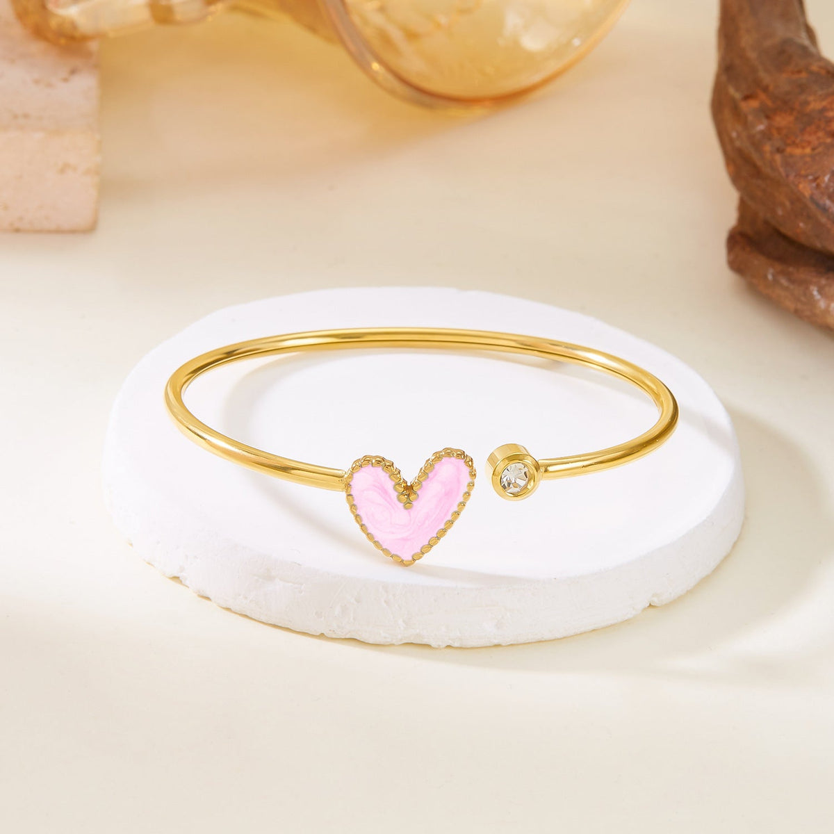 Hollow Heart Shape Drop Oil Diamond Bracelet in Stainless Steel
