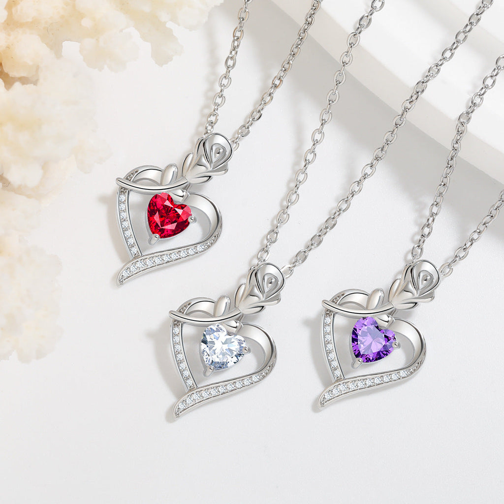 Rose Heart Rhinestone Pendant Necklace for Women