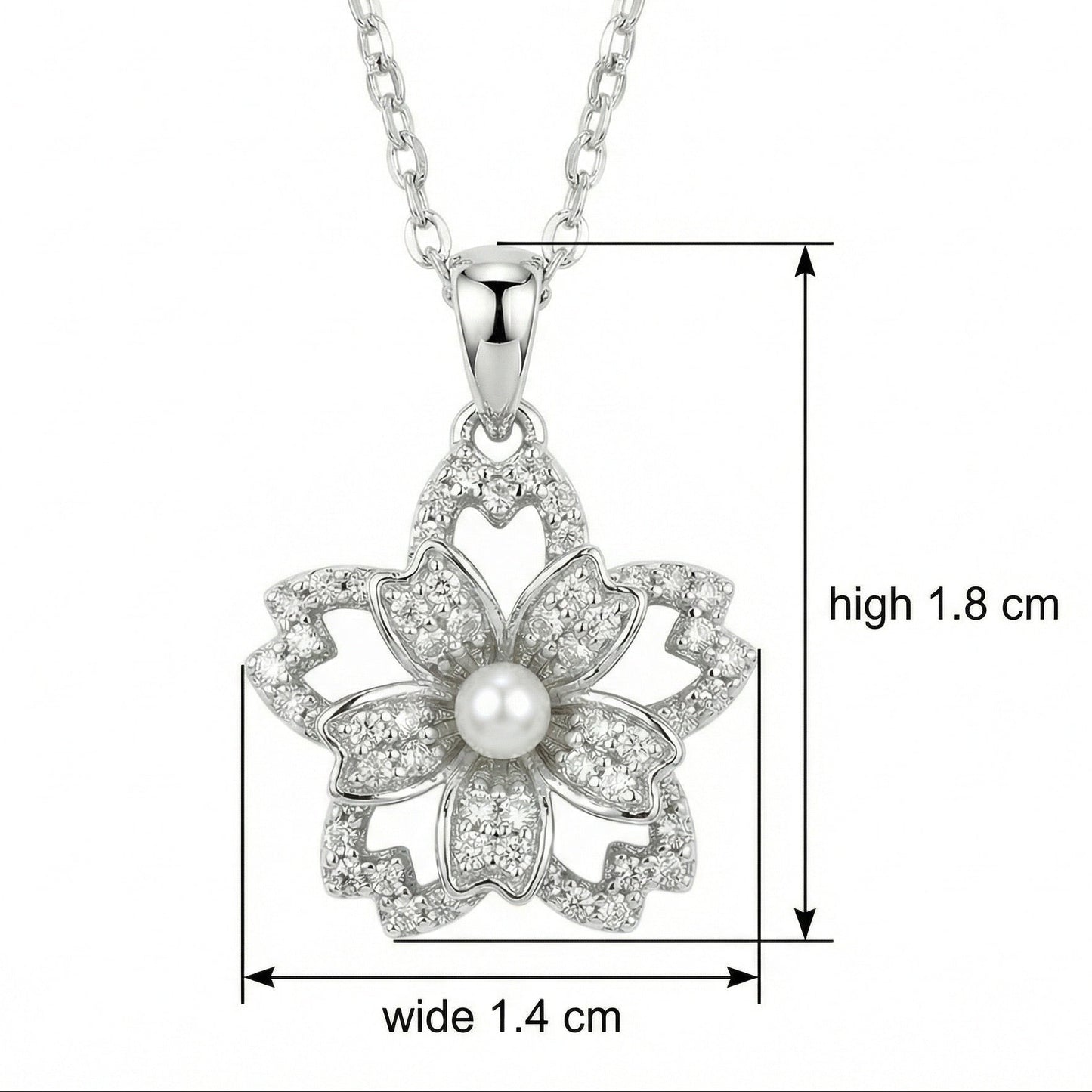 Silver necklace with a floral pendant and pearl, shown with measurements on a white background.