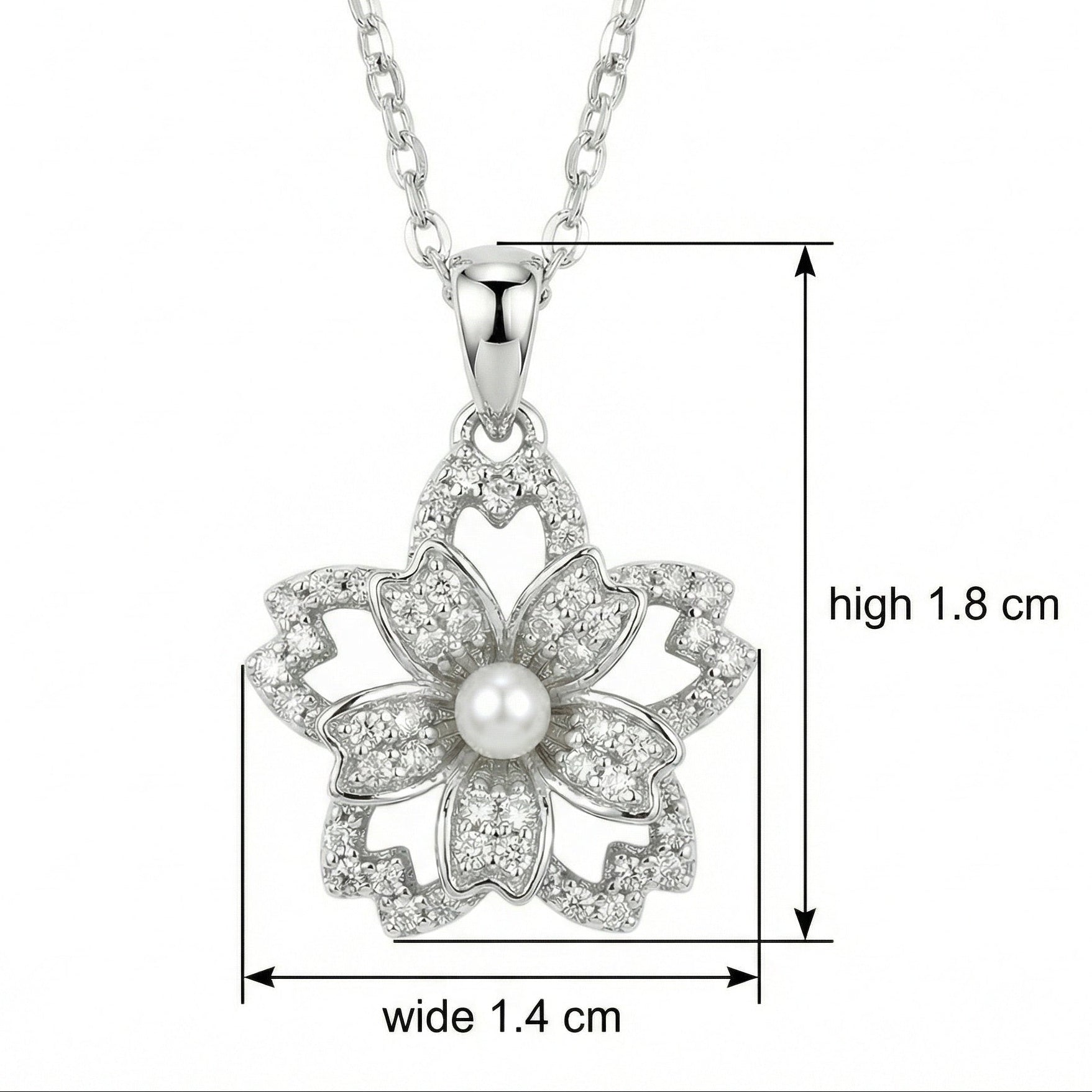 Silver necklace with a floral pendant and pearl, shown with measurements on a white background.