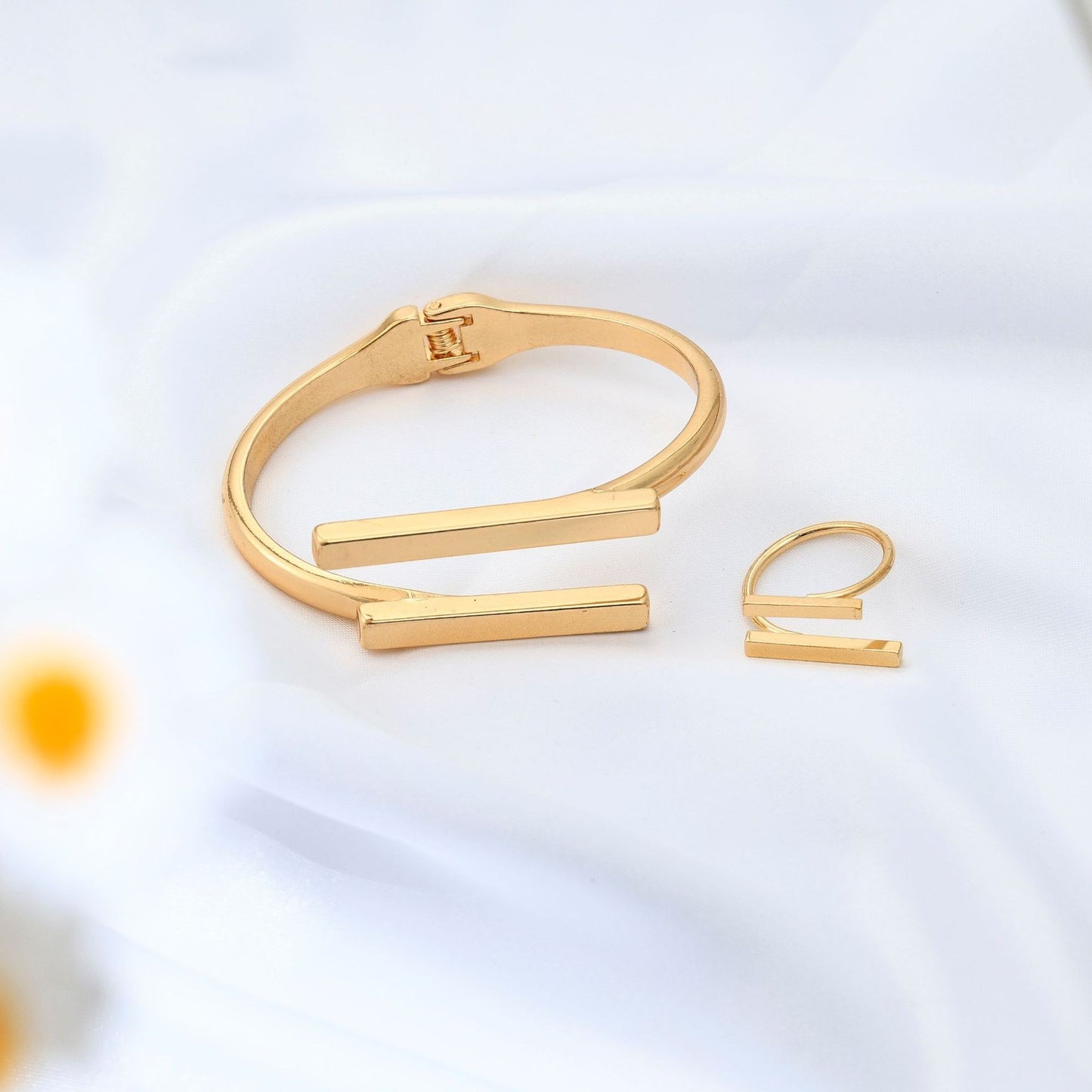 Geometric Square Opening Bracelet and Ring Set