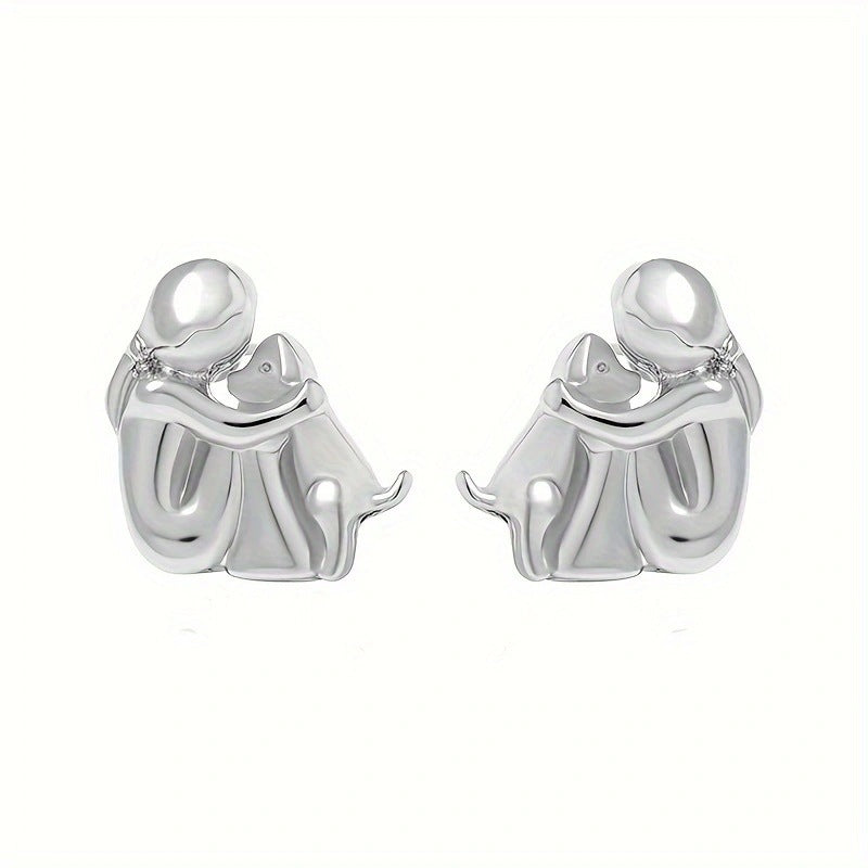 Little Girl and Dog Hug Ear Studs | Alloy Cartoon Unisex Gold Silver