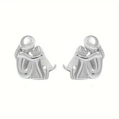 Little Girl and Dog Hug Ear Studs | Alloy Cartoon Unisex Gold Silver