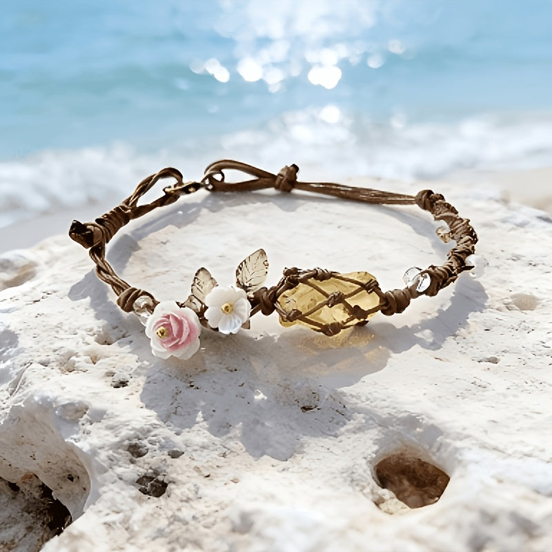 Natural Yellow Crystal Floral Boho Bracelet | Gift for Her