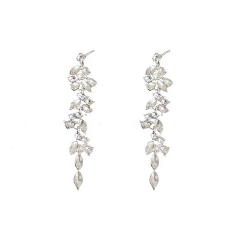 Crystal Diamond Leaf Tassel Earrings | Silver Needle Alloy Natural