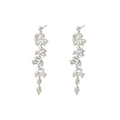 Crystal Diamond Leaf Tassel Earrings | Silver Needle Alloy Natural