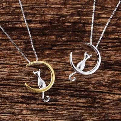 Cat and Moon Pendant Necklace for Women