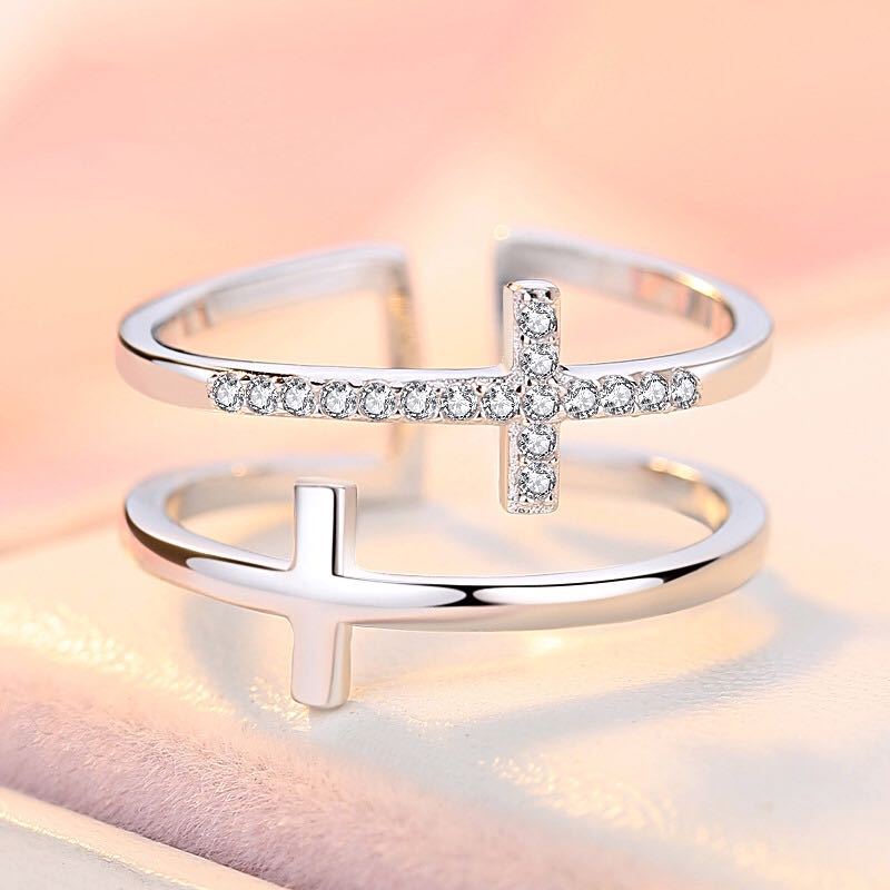 Double Cross Zircon Open Ring | Copper Women's Adjustable