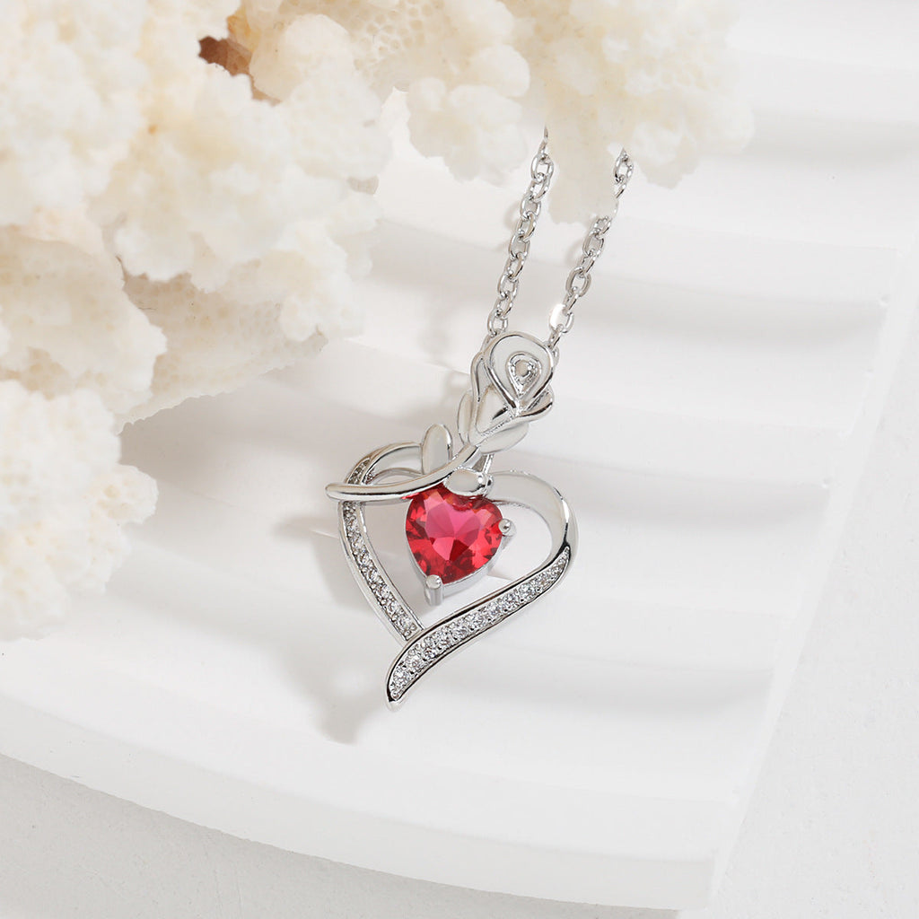 Rose Heart Rhinestone Pendant Necklace for Women