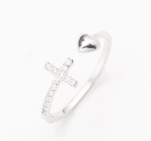 S925 Sterling Silver Love Cross Open Ring | Women's Adjustable