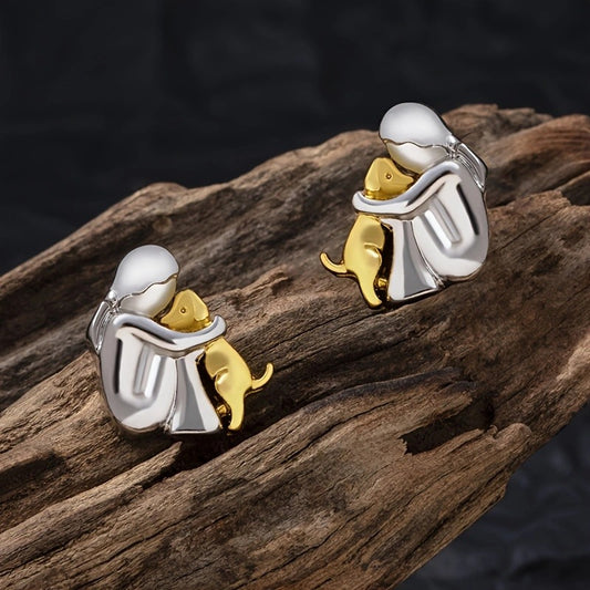 Little Girl and Dog Hug Ear Studs | Alloy Cartoon Unisex Gold Silver
