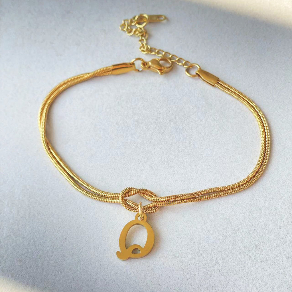 Initial Letter Love Knot Bracelet for Women | Gold Snake Chain