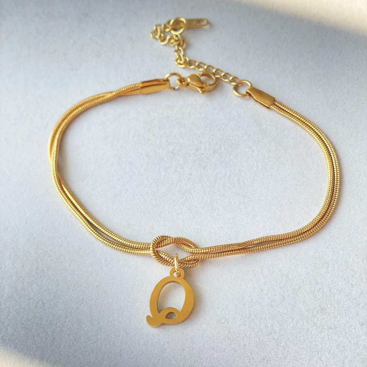 Initial Letter Love Knot Bracelet for Women | Gold Snake Chain