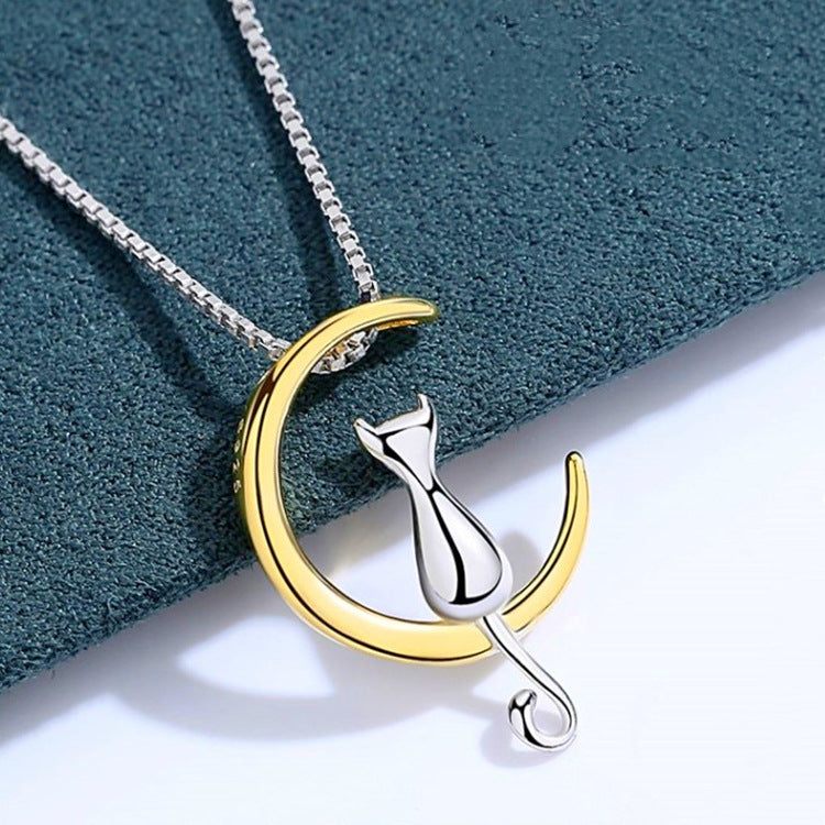 Cat and Moon Pendant Necklace for Women