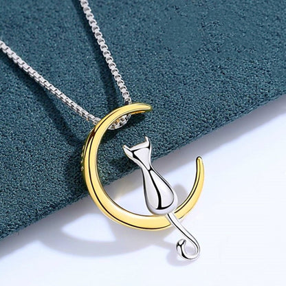 Cat and Moon Pendant Necklace for Women