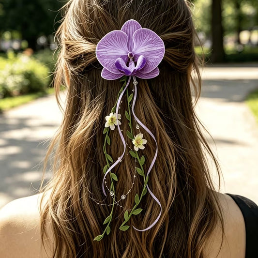 Purple Orchid Flower Hair Clip with Crystal Tassels – Elegant Floral Hair Accessory