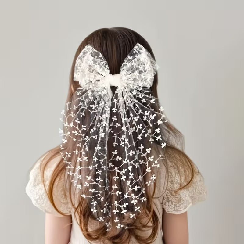 Embroidered Lace Bow Hair Ribbon – Elegant Long Hair Accessory for Women & Girls