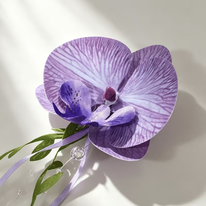 Purple Orchid Flower Hair Clip with Crystal Tassels – Elegant Floral Hair Accessory