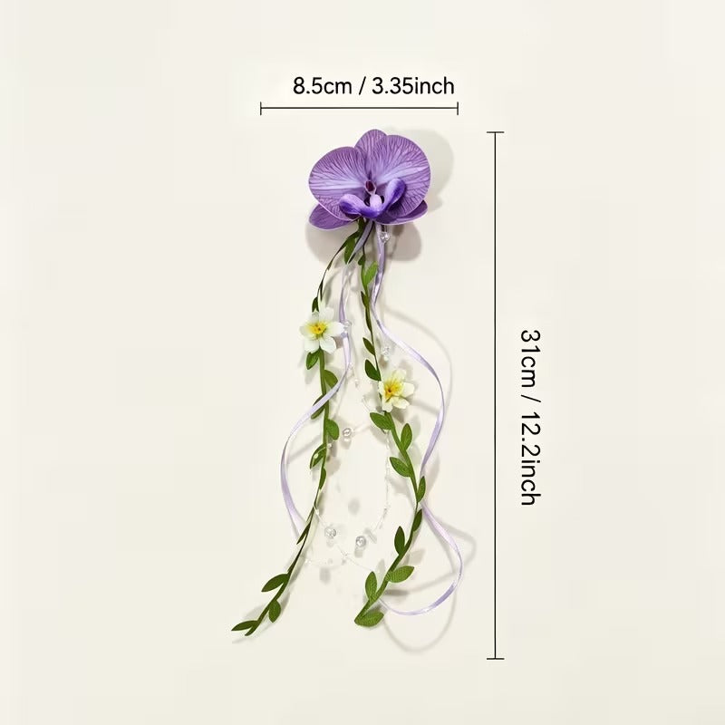 Purple Orchid Flower Hair Clip with Crystal Tassels – Elegant Floral Hair Accessory