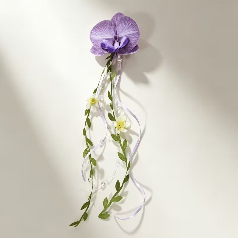 Purple Orchid Flower Hair Clip with Crystal Tassels – Elegant Floral Hair Accessory