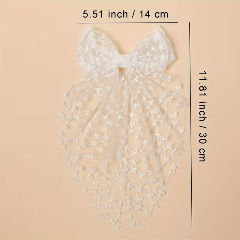 Embroidered Lace Bow Hair Ribbon – Elegant Long Hair Accessory for Women & Girls