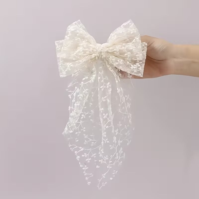 Embroidered Lace Bow Hair Ribbon – Elegant Long Hair Accessory for Women & Girls