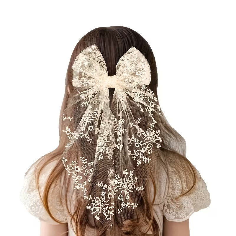 Embroidered Lace Bow Hair Ribbon – Elegant Long Hair Accessory for Women & Girls