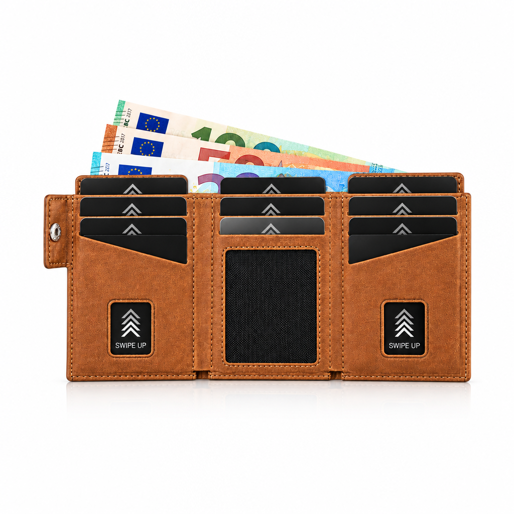 Brown leather wallet shown open on a white background with feature callouts and diagrams in German, including 11 card slots, 3 hidden card slots, cash pocket, and Swipe-UP function.